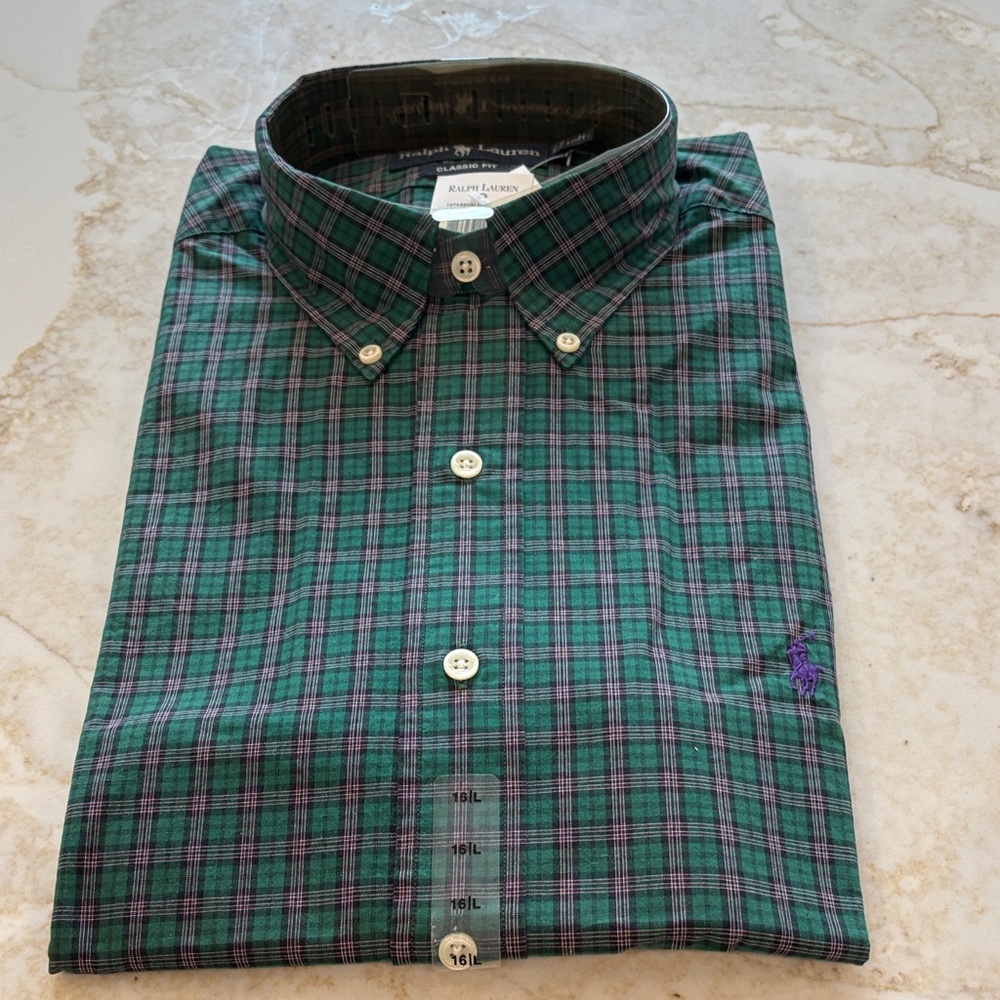 Ralph Lauren Men's Green and Purple Plaid Shirt - never worn